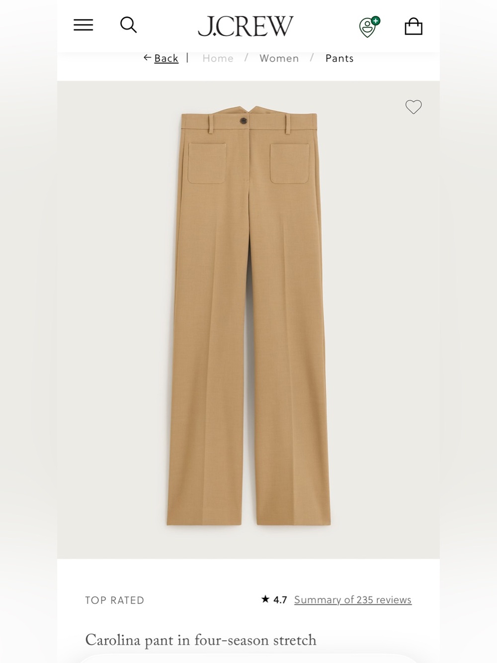 J Crew Carolina Pant Patch Pocket Four Season Stretch in camel - size 6 NWT
